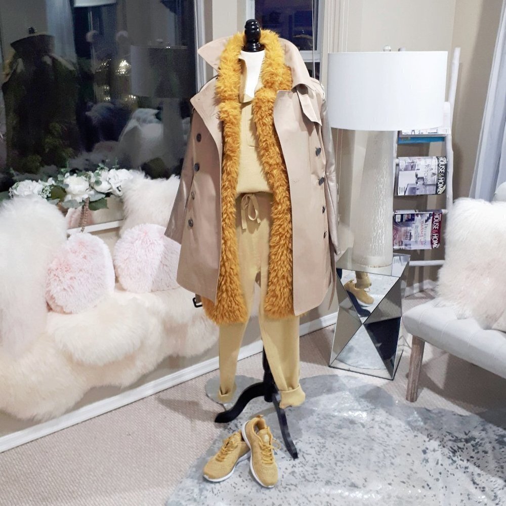 Preloved BCBG belted khaki gold faux leather sleeve trench coat jacket